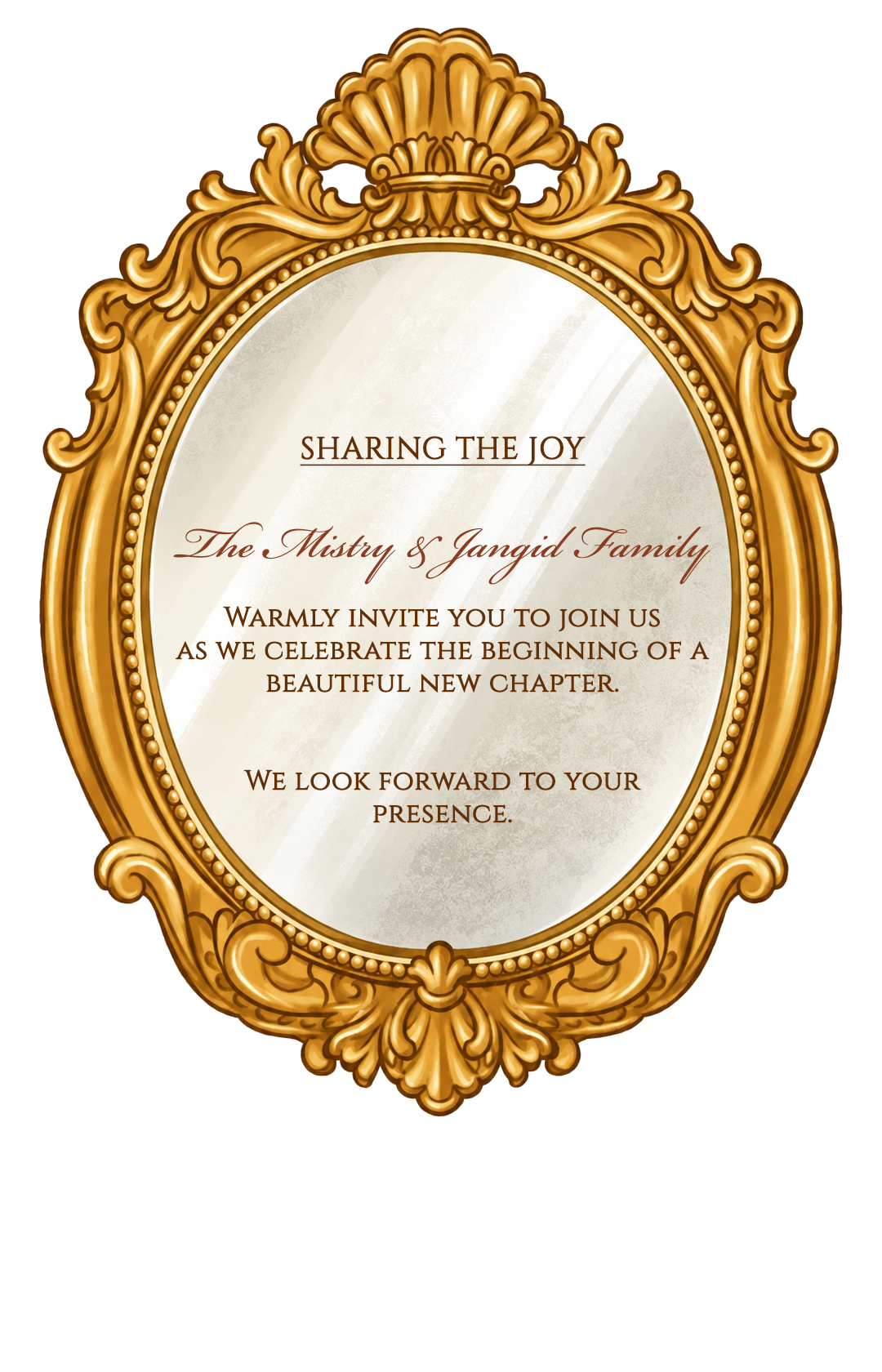 Sharing the joy — The Mistry and Jangid Family warmly invite you to join us as we celebrate the beginning of a beautiful new chapter. We look forward to your presence.